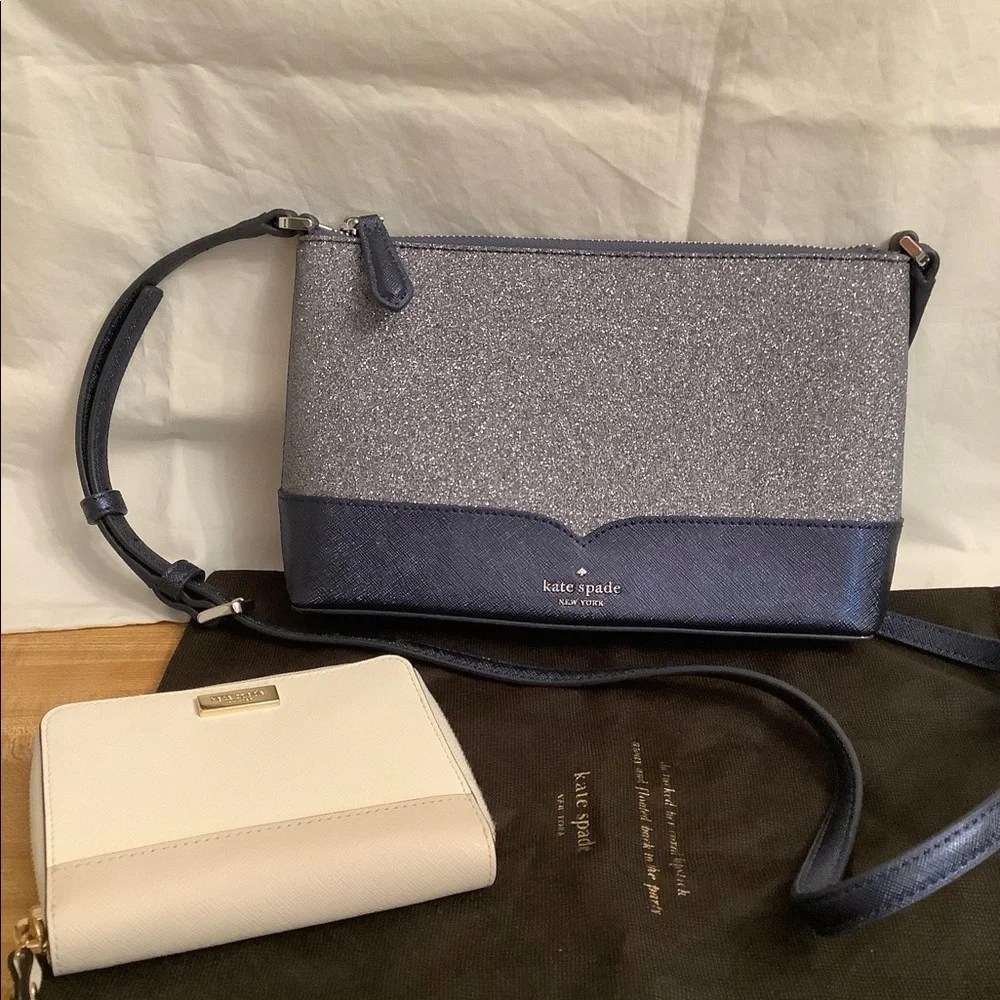NWOT Kate Spade Lola Glitter Dusk Navy Small Crossbody Bag Plus Bonus Wa…​​​​​